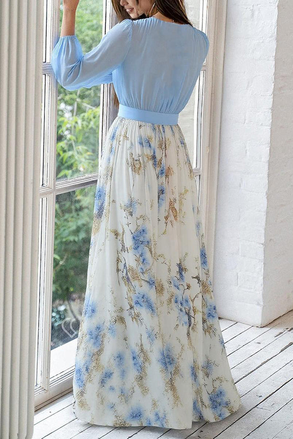 Plant Print V-neck Long Sleeve Elegant Stitching Maxi Dress