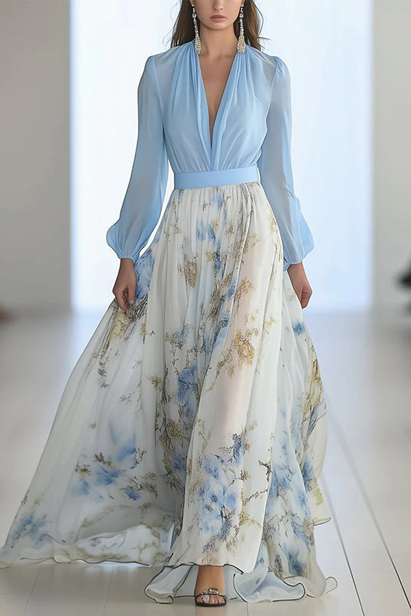 Plant Print V-neck Long Sleeve Elegant Stitching Maxi Dress